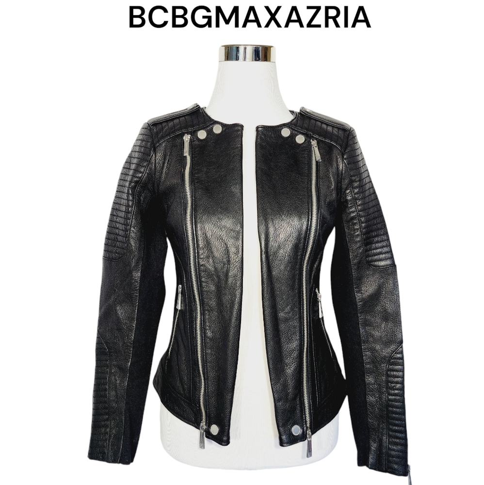 BCBGMAXAZRIA Sz XS Full Asymmetric Zip 100% Genuine Leather Cropped Moto Jacket.